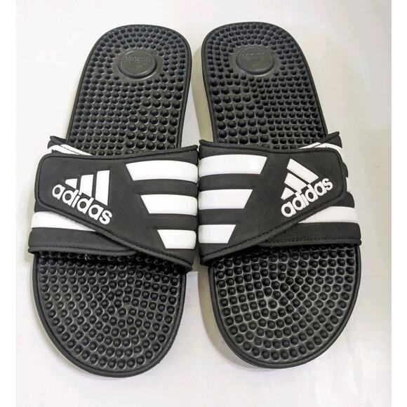 Adidas Sandals Mens 11 Adissage Slides Flats F35580 Black White Rubber Slip On - Picture 1 of 4